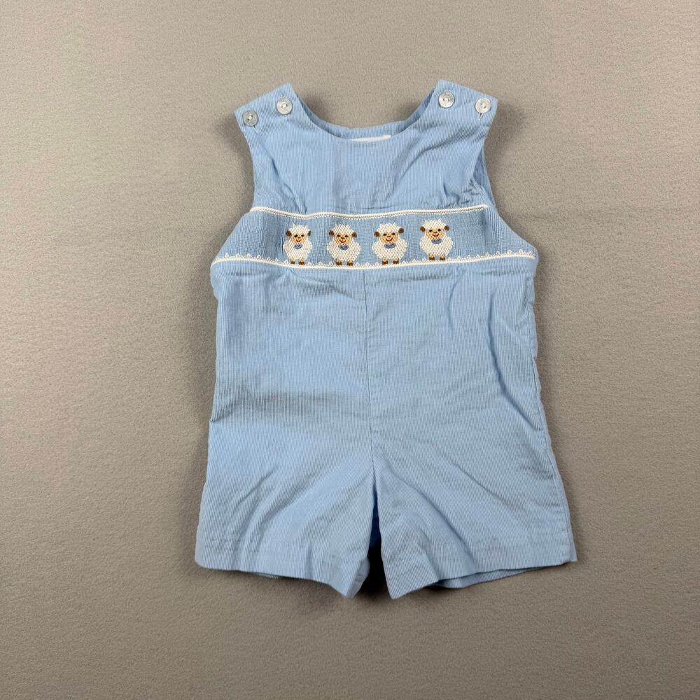 Petit Ami Smocked Lamb Jon Jon Romper 6M Blue Cotton